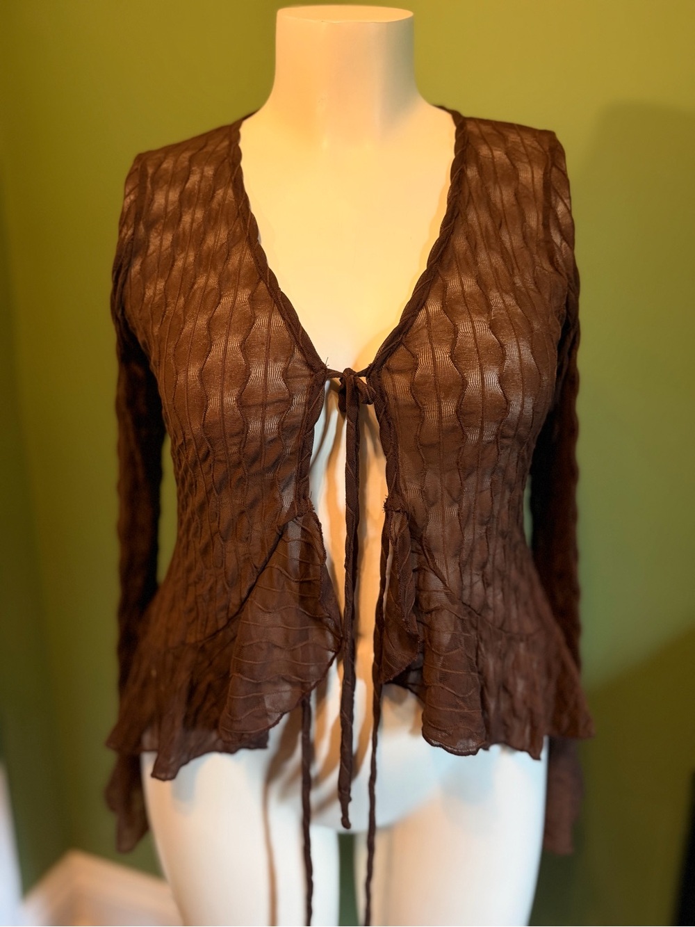 See you Monday- Brown Tie-Front Sheer Ruffle Cardigan Y2K